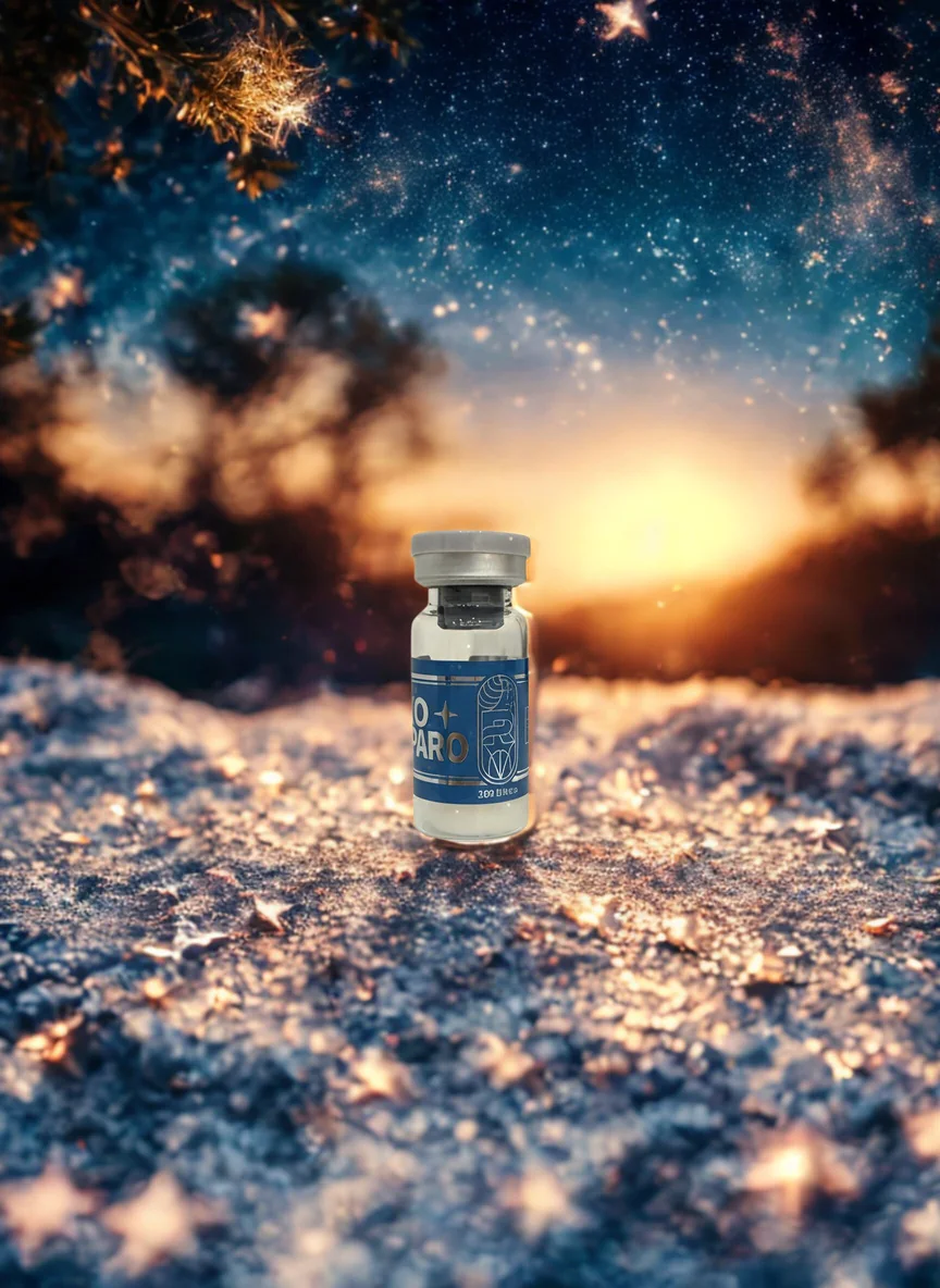 An R2 lyophilised exosome vial resting on frosted ground at sunset