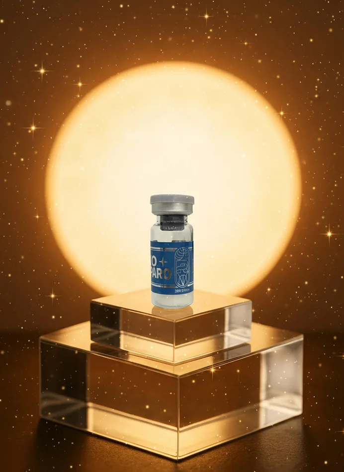 An R2 lyophilised exosome vial on a glass plinth in front of a glowing golden sphere